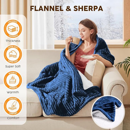 HYLEORY Heated Blanket Electric Throw, Soft Flannel Sherpa Heater 5 Heat Settings and 3 Hours Auto Shut-Off Heating Blanket ETL Certification Over-Heat Protection Machine Washable,Navy Blue