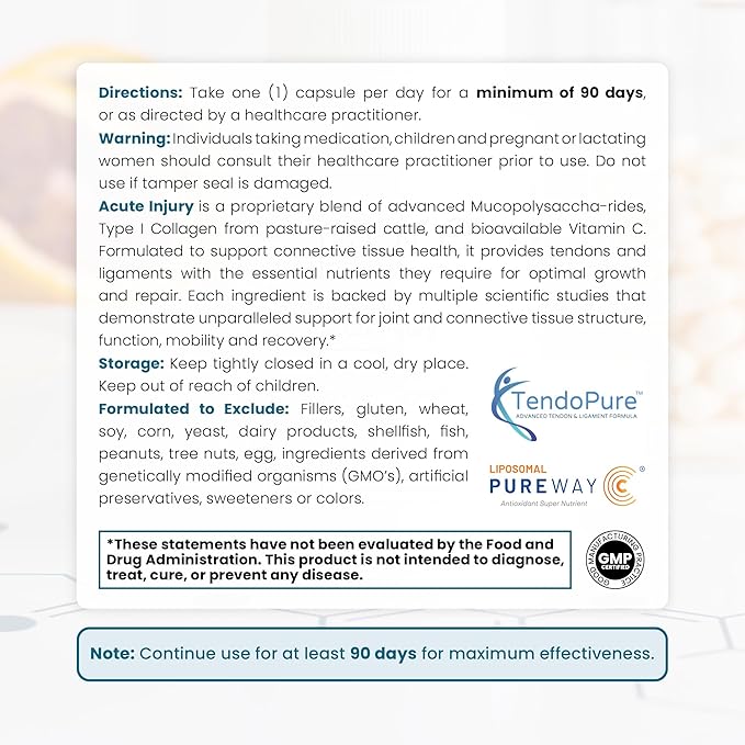 Pure Therapro Rx Acute Injury | Tendon & Ligament Support | Convenient Once a Day Clinical Dose | Supports Tendon Health, Movement & Physical Function | Pharm-Grade (90 Capsules)