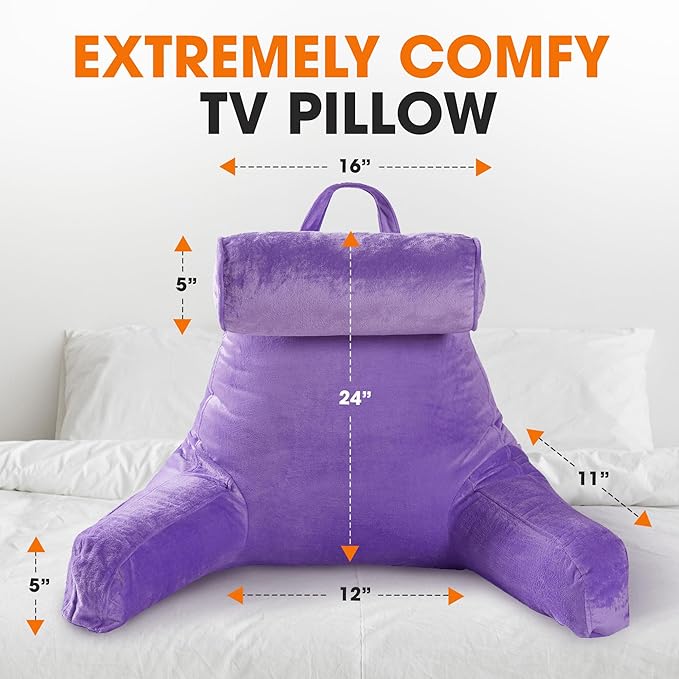 Cheer Collection Reading Pillow Chair - Chair Pillow with Arms and Detachable Neck Bolster for Bed & Couch - Machine Washable, Purple