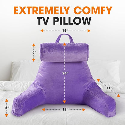 Cheer Collection Reading Pillow Chair - Chair Pillow with Arms and Detachable Neck Bolster for Bed & Couch - Machine Washable, Purple