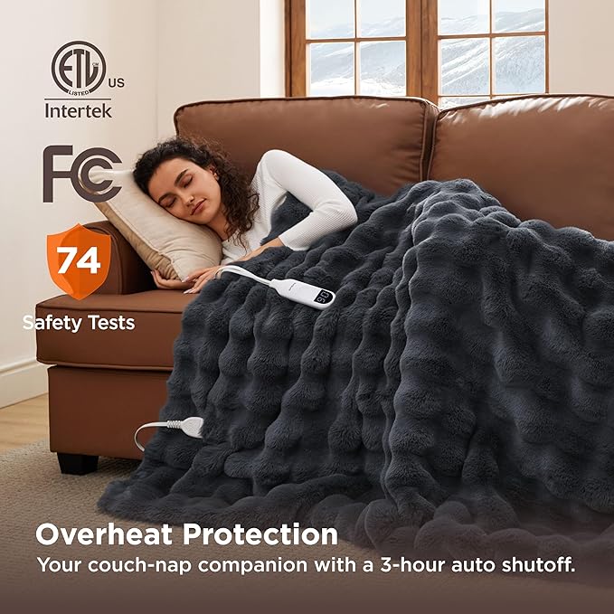Bedsure Fluffy Bubble Faux Fur Heated Blanket Throw - Super Soft Electric Blanket, Heating with 6 Heating Levels, 4 Time Settings, 3-Hour Auto-Off, Decor Gifts for Home, Grey, 50x60 inches