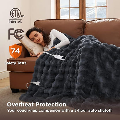 Bedsure Fluffy Bubble Faux Fur Heated Blanket Throw - Super Soft Electric Blanket, Heating with 6 Heating Levels, 4 Time Settings, 3-Hour Auto-Off, Decor Gifts for Home, Grey, 50x60 inches
