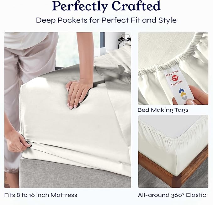 California Design Den 6-Pc Queen Size Sheet Set with 4 Pillowcases - 400 Thread Count 100% Cotton Sheets, Sateen Weave, Deep Pocket Bedsheets Set - Ivory (Pale Tone)