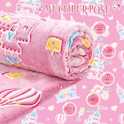 BORORO Princess Blanket for Girls - Princess Gifts Glow in The Dark Pink Blanket Castle Toys Birthday Gifts for Toddler Kids Girls Women