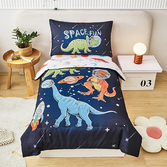 URBONUR 4 PCS Toddler Bedding Set for Boys Space Dinosaur Printed Toddler Comforter Set with Sheets Sets Ultra Soft Bed in a Bag 2-6 Year Old Toddler Bed-in-a-Bag Set