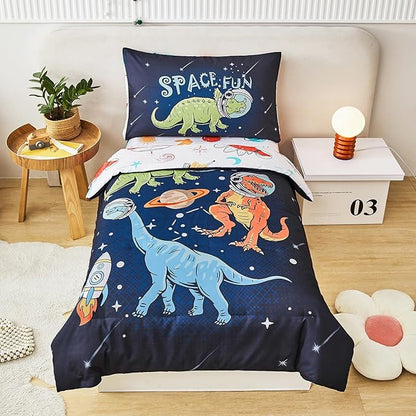 URBONUR 4 PCS Toddler Bedding Set for Boys Space Dinosaur Printed Toddler Comforter Set with Sheets Sets Ultra Soft Bed in a Bag 2-6 Year Old Toddler Bed-in-a-Bag Set