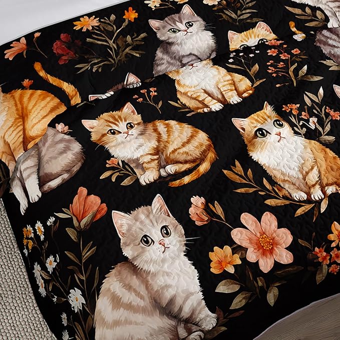 Kawaii Cat Quilt Set,Orange Grey Cat Pattern Bed Set for Toddler Kids Girls Room Decor,Colorful Flowers Printed Bedding Full Quilted Sets with 2 Pillowcases.