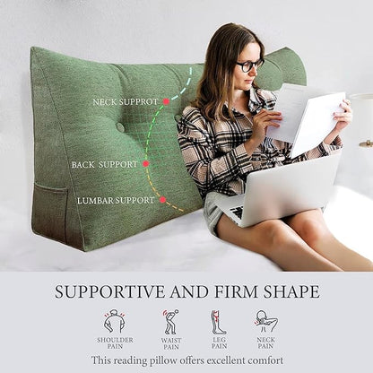 Headboard Pillow Wedge Queen Size Large Bolster Pillow for Bed Triangle Reading Pillow Back Support Pillow for Sitting Up in Bed XXL Couch Daybed Bed Rest Backrest Cushion Linen Sage Green