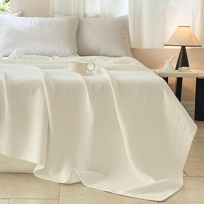 Simple&Opulence Linen Cotton Blanket with Double Layered Folded Edge for Couch/Bed/Sofa/Gift, Natural Flax Solid Color Soft Breathable Cozy Farmhouse Home Décor - White, 90"x90"