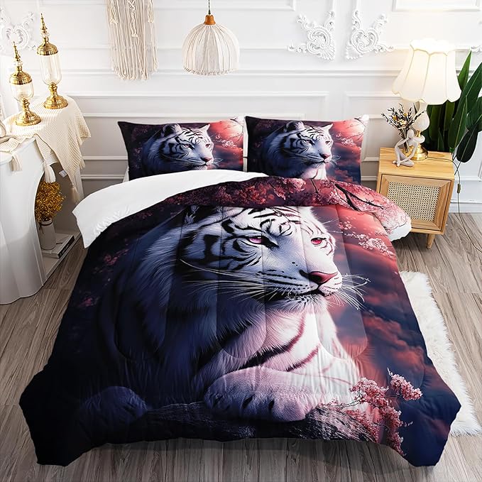 White Tiger Wild Animal Floral Comforter 3Pcs Twin 3D Safari Animal Hunting Theme Flower Bedding Set for Kid Teen Boy Girl Adult Cherry Blossoms Quilt Decor with 1 Comforter and 2 Pillowcases