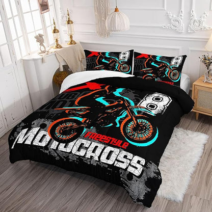 Dirt Bike Comforter Set Cool Sports Motocross Racing Moves Theme Comforter Sets Quilt with 1 Comforter and 2 Pillowcases for Kids Boys Bedroom All Season（Dirt Bike Queen）