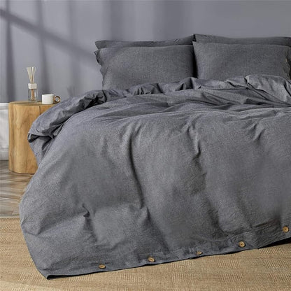 JELLYMONI Cotton Duvet Cover Queen Size - Black Comforter Cover with Button 100% Washed Cotton 3PCS Breathable Soft Solid Bedding Set Duvet Cover 90×90in & 2 Pillowcases (NO Comforter)