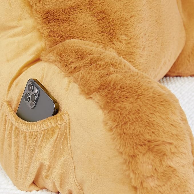 Plush Faux Fur Backrest Reading Bed Rest Pillow with Arms and Pockets for Sitting in Bed Couch Sofa, Back Support Wedge Cushion with Removable Cover, 20" x 18" x 17", Burnt Orange