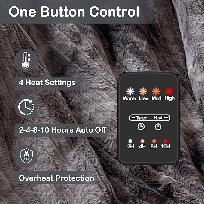 Electric Heated Blanket Throw Size 50" x 60", Super Cozy Warmth Soft with 4 Heating Levels & 4 Hours Auto Off, Plush Faux Fur, Machine Washable, Home Office Use, Gradient Gray