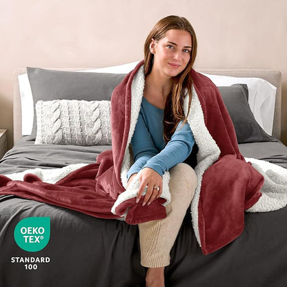 Bare Home Sherpa Fleece Blanket - Full/Queen Size - Blanket for Bed, Sofa, and Couch - Warm & Lightweight - Fluffy & Soft - Reversible (Full/Queen, Rosewood)