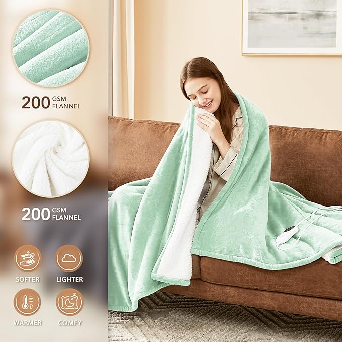 Homemate Electric Heated Blanket Queen Size - 84"x90" Heating Blanket Queen Size Dual Control 1/2/4/6/8 Hours Auto-Off 10 Heat Level Over-Heat Protection Flannel Sherpa ETL Certification