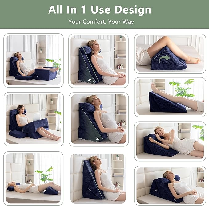 HIGOGOGO 10PCS Orthopedic Bed Wedge Pillow Set – Adjustable Soft Foam Body Positioners for After Surgery Recovery, Back & Leg Pain Relief, Sitting Up in Bed, Acid Reflux & GERD, Navy