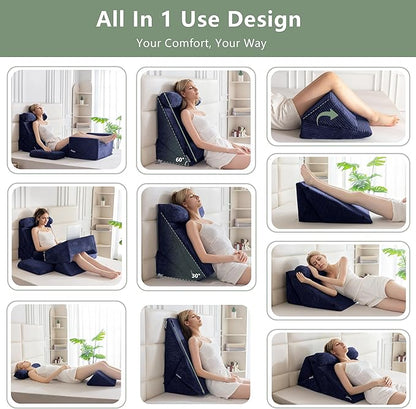 HIGOGOGO 10PCS Orthopedic Bed Wedge Pillow Set – Adjustable Soft Foam Body Positioners for After Surgery Recovery, Back & Leg Pain Relief, Sitting Up in Bed, Acid Reflux & GERD, Navy