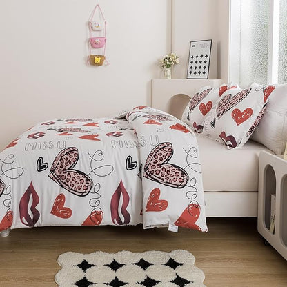 Caressma Heart Print Comforter Set King Size, Lips Print Love Teens Romantic Comforter Set for Girls, Red and Leopard Sexy Heart Pattern Bedding Comforter Set for Valentine's Day