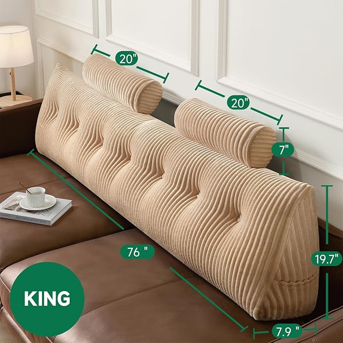 Z-hom Large Wedge Pillow Headboard, King Triangular Headboard Pillow, Reading Pillow Bed with a Roll Pillow for Bed Sitting Up Sleeping, Backrest Cushion Headboard Gap Pillow for Back,Beige