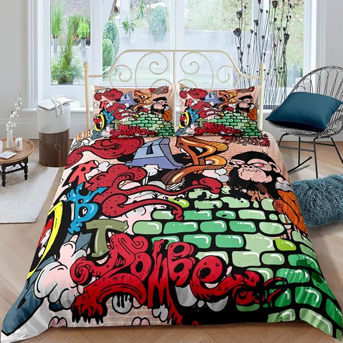 Duvet Cover Set Twin Size Graffiti Wall Comforter Cover Bedding Set for Men Youth Colorful Art Wall Quilt Cover with Pillow Shames Bedroom Deco No Comforter Inside(TY106, Twin)