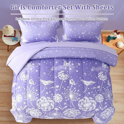 Menghomeus Girls Comforter Set Full Size 7 Pieces Bed in A Bag Ombre Purple Bedding Set Dandelion Butterfly Print Kids Bedding Collections