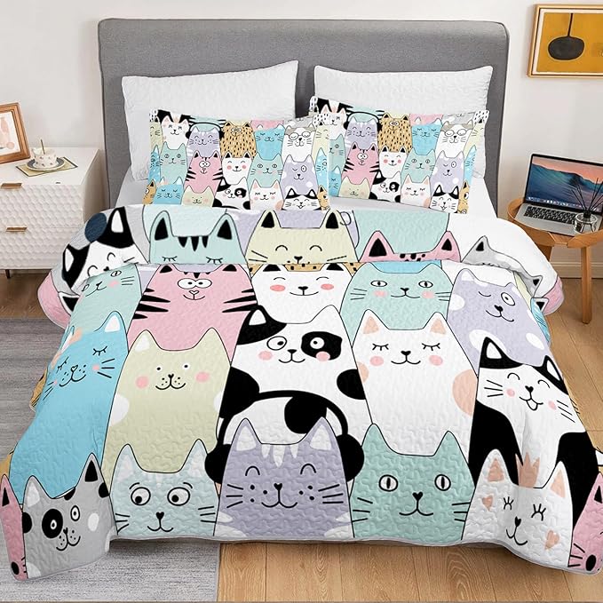 HOSIMA Cute Cat Queen Quilt Set for Teenage Girl Room Decor,Cartoon Colorful Pet Print Cat Quilt,Kawaii Bedding for Kids,Lightweight Aesthetic Animal Bedding with 2 Pillowcases.