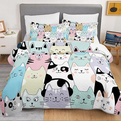 HOSIMA Cute Cat Twin Size Quilt Set for Teenage Girl Room Decor,Cartoon Colorful Pet Print Cat Quilt,Kawaii Bedding for Kids,Lightweight Aesthetic Animal Bedding with 2 Pillowcases.
