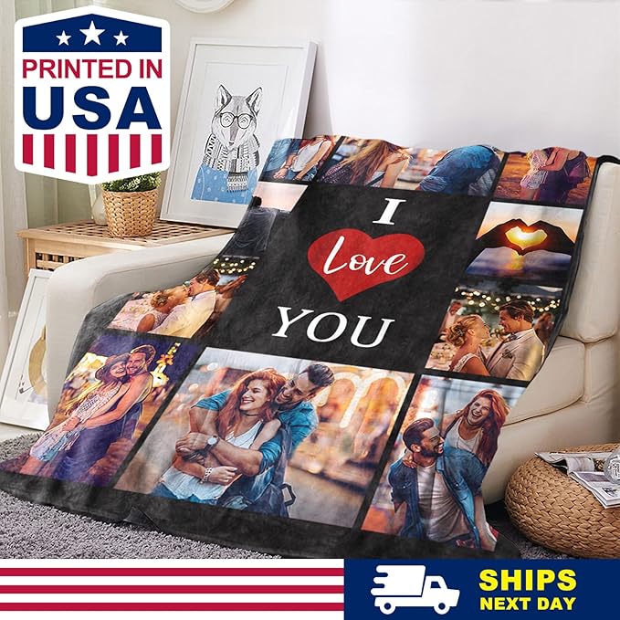 Yoke Style Ships Next Day - Printed in USA, I Love You Custom Blanket with Picture for Couples, Personalized Photo Blanket Valentine's Day Gifts for Girlfriend, Boyfriend, Wife, Husband
