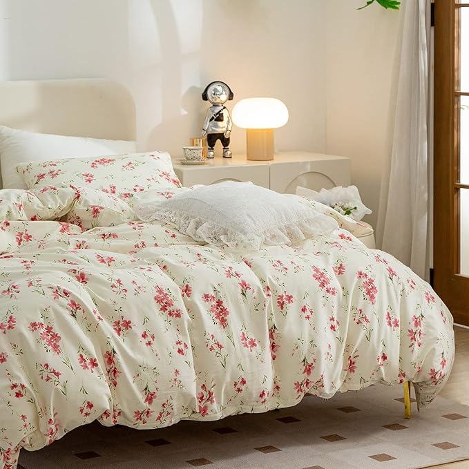 Floral Duvet Covers Queen, 100% Soft Microfiber Chic Floral Bedding Sets Queen 3 Pieces Flower Duvet Cover Queen for All Seasons, 1 Duvet Cover and 2 Pillowcases with Zipper Closure (Floral, Queen)