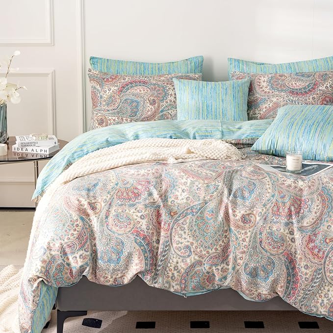 Paisley Queen Duvet Cover 100% Soft Cotton 3 Pieces Queen Exotic Bohemian Bedding Set Luxury Boho Vintage Chic Pattern Printed Queen Reversible Striped Queen Duvet Cover with Zipper Closure