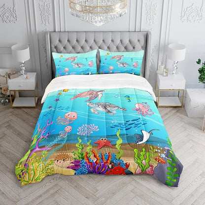 Turtle Comforter Set Twin Ocean Watercolor Sea Turtle Bedding Set Tropical Fish Marine Life Bed Set with 2 Pillowcases for Kids Room Decor
