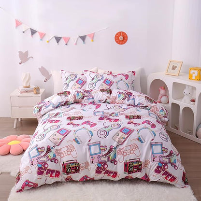 JSD Pink Gamer Kids Duvet Cover Set Queen Size, 3 Piece Teens Printed Microfiber Comforter Cover with Pillow Sham Zipper Closure, Comforter Not Included