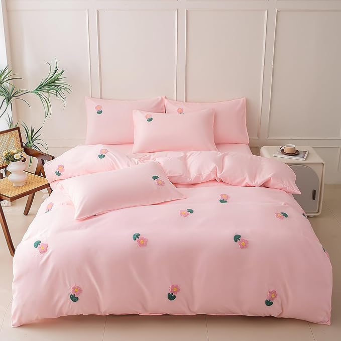 MWMWMW 5 Pieces Twin Comforter Set for Girls, Tufted Chenille Floral Bedding Set, Pink Floral Bedding Set Twin with 1 Comforter, 1 Flat Sheet, 1 Fitted Sheet and 2 Pillowcases