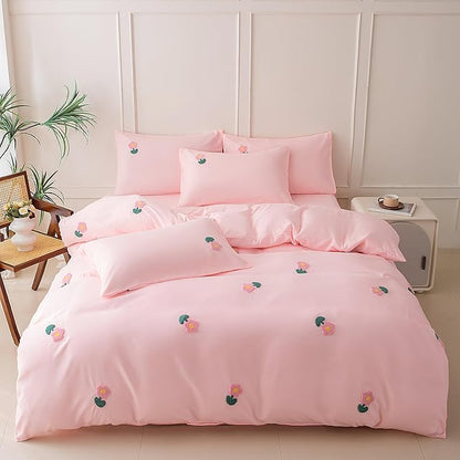MWMWMW 5 Pieces Twin Comforter Set for Girls, Tufted Chenille Floral Bedding Set, Pink Floral Bedding Set Twin with 1 Comforter, 1 Flat Sheet, 1 Fitted Sheet and 2 Pillowcases