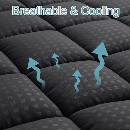 HYLEORY California King Mattress Pad Quilted Fitted Mattress Protector Cooling Pillow Top Mattress Cover Breathable Fluffy Soft Mattress Topper with 8-21" Deep Pocket, Black