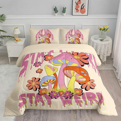 Axolotl Cartoon Mushroom Comforter Set King,Colorful Mushrooms Girls Bedding Set,3 Piece Cute Mushroom Bedding,Red Pink Floral Flower Comforter for Kids Boys Girls Teens,1 Quilt 2 Pillowcases