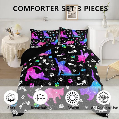 Axolotl Kids Gradient Cat Comforter Set King,3Pcs Cute Cats Bedding,Cartoon Paw Fish Bone Print Quilt Set with 1 Comforter 2 Pillowcases,Glitter Stars Bedding for Kids Boys Girls Teens Adults