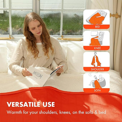 Heated Blanket Electric Throw 50" x 60" - Soft Flannel Sherpa Heated Blanket with 5 Heating Levels & 4 Hours Auto Off, Heating Blanket Throw as a Gift for Grandma, Machine Washable (Orange)