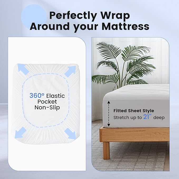 Waterproof Mattress Pad Full, Quilted Fitted Full Mattress Topper, Five-Layers Noiseless Mattress Protector Cover with 8"-21" Deep Pocket, Machine Washable, White, 54x75