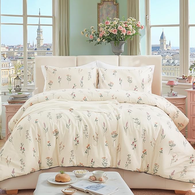 Cream Duvet Cover Set Twin Size 100% Washed Cotton Linen Like Textured Comforter Cover 2 Pcs Luxury Soft and Breathable Floral Duvet Cover with Zipper Closure