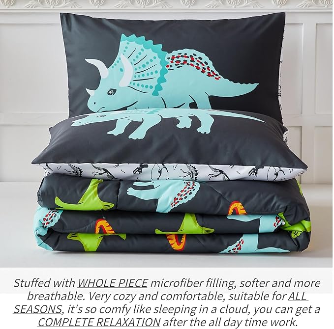 RYNGHIPY Dinosaur Bedding Set - Queen Size Comforter Set for Boys & Girls - Soft, Breathable, Cute Dinosaur Bed Set for All Season (Black, Queen)