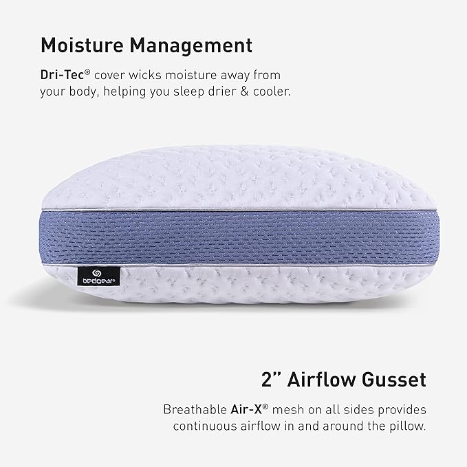 Bedgear Balance Cuddle Curve Performance Pillow - Size 1.0 - Moisture-Wicking Pillow for Side Sleepers - Medium Firmness Bed Pillow- Hypoallergenic, Washable Removable Cover - 20" W x 26" L x 5.25" H