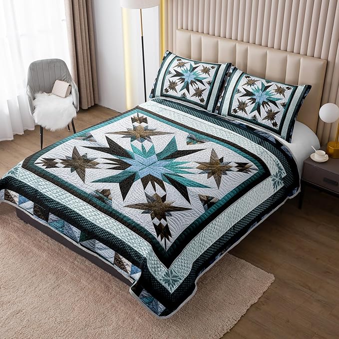 QOOMO Boho Quilt Set Full/Queen Size,Bohemia Bedspread Coverlet Set,Blue Boho 3Pcs Bedding Set Printed Quilt with 2 Pillowcases,Soft and Lightweight,for All Seasons