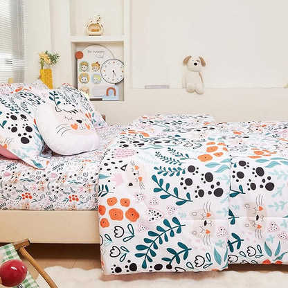 Mooreeke Twin Size Comforter Sets for Girls Kids, 6 Pieces Bed in a Bag Flower and Cat Bedding Comforter Sheet Set with Shams and Decorative Toy Pillow, Ultral Soft Microfiber Kids Bed Set