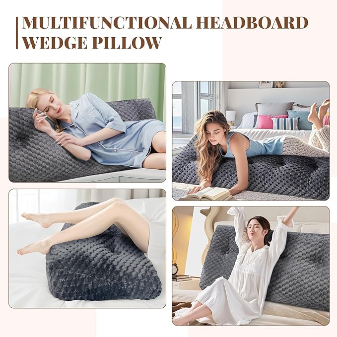 Large Headboard Wedge Pillow, Bed Rest Reading Pillow, Back Support Long Pillow, Bed Bolster Rest Reading Pillow with Removable Cover (Grey, King:76 * 20 * 8Inches)