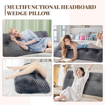 Large Headboard Wedge Pillow, Bed Rest Reading Pillow, Back Support Long Pillow, Bed Bolster Rest Reading Pillow with Removable Cover (Grey, Queen:59 * 20 * 8Inches)