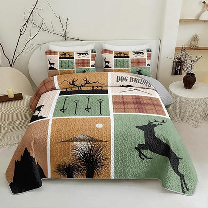QOOMO Hunting Quilt Set Twin Size,Rustic Bedspread Coverlet Set,Deer 3Pcs Bedding Set Printed Quilt with 2 Pillowcases,Soft and Lightweight,for All Seasons