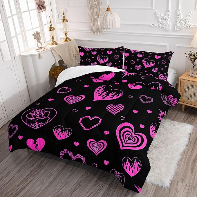 Heart Comforter Set Pink Rose Printed Bedding Set with 1 Comforter and 2 Pillowcases for Boys and Girls Bedroom All Season(Love Queen)