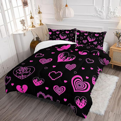 Heart Comforter Set Pink Rose Printed Bedding Set with 1 Comforter and 2 Pillowcases for Boys and Girls Bedroom All Season(Love Queen)
